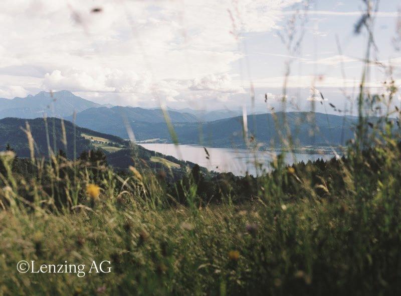 a view of a view of a lake and mountains from a hill