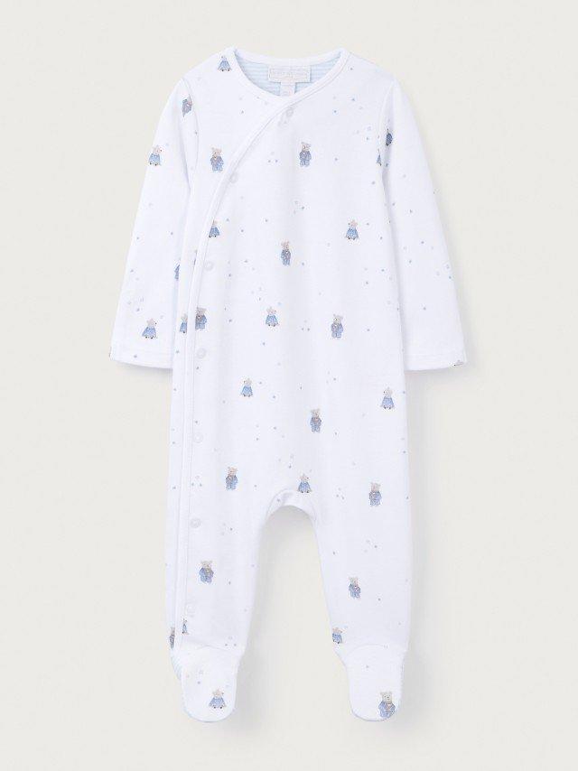 a baby's white romper with blue giraffe print