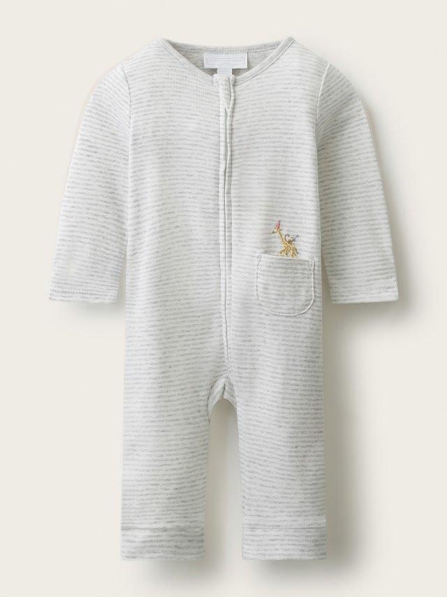 a baby's gray and white striped romper with a pocket