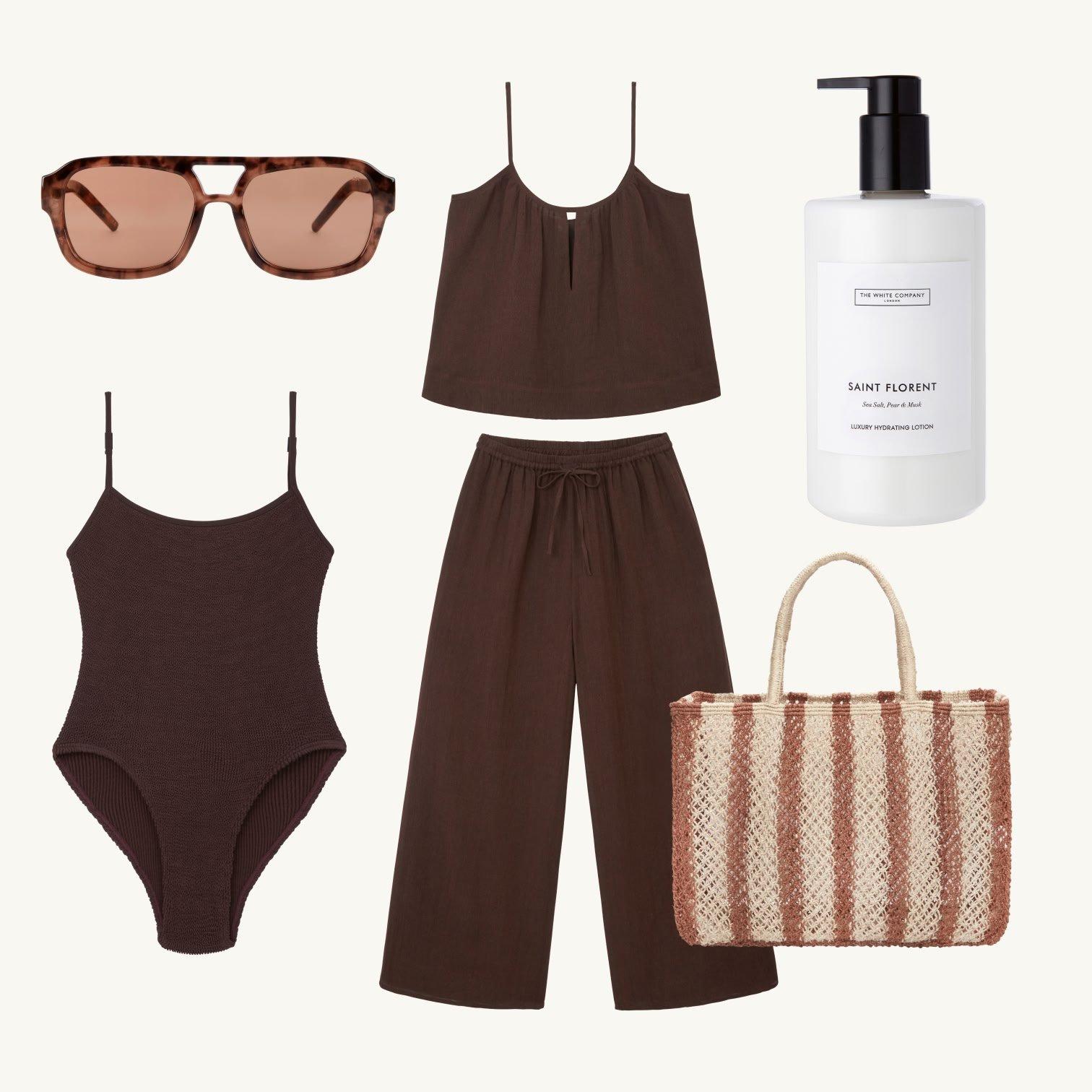 a brown outfit with a brown bag, sunglasses and a bottle of lotion
