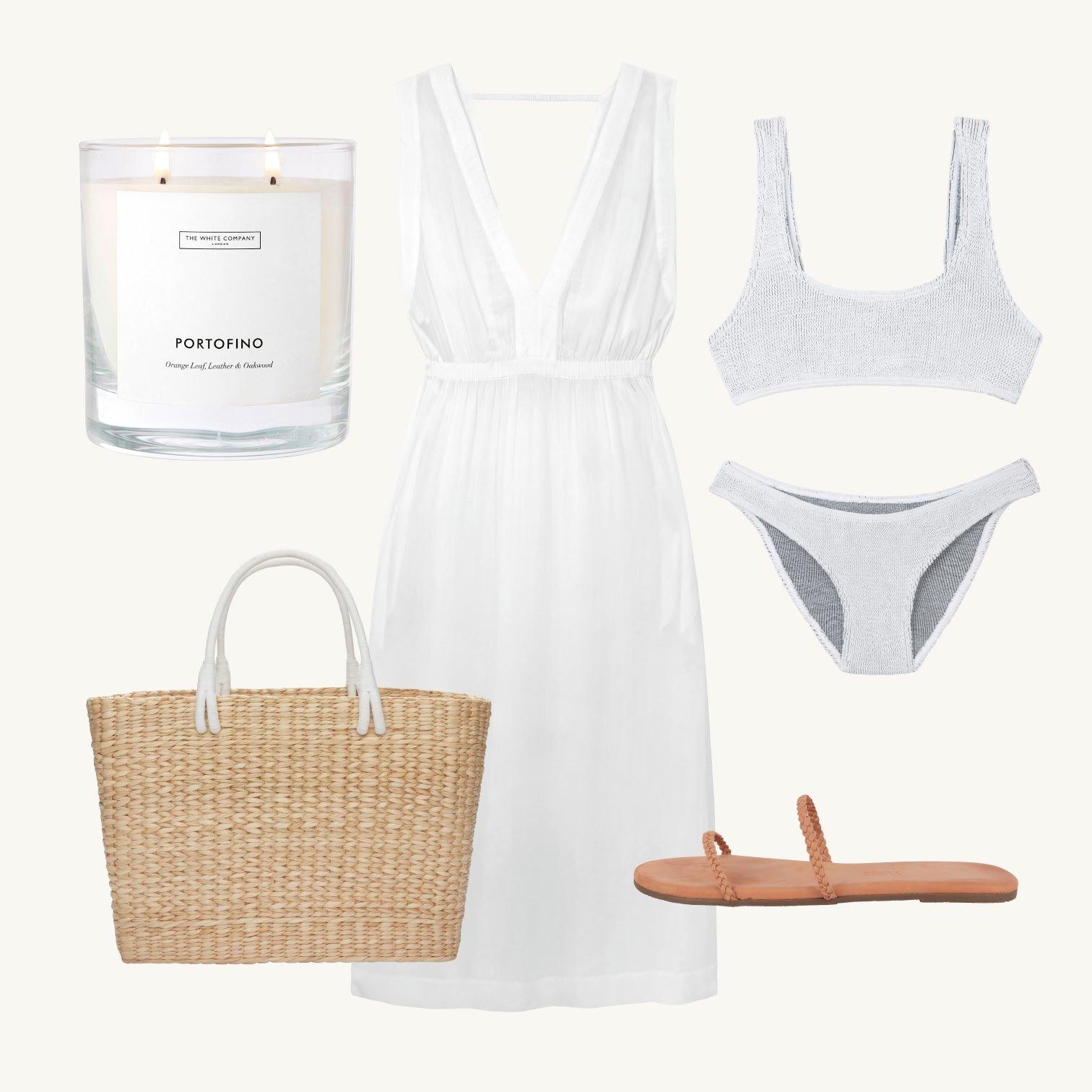 a white dress, white sandals, a bag and a white bathing suit