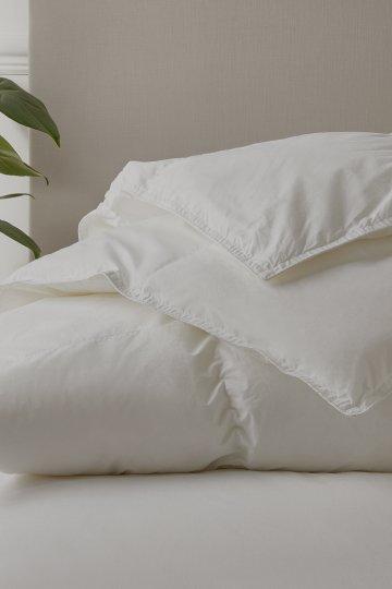 a bed with a white comforter and a plant on top of it